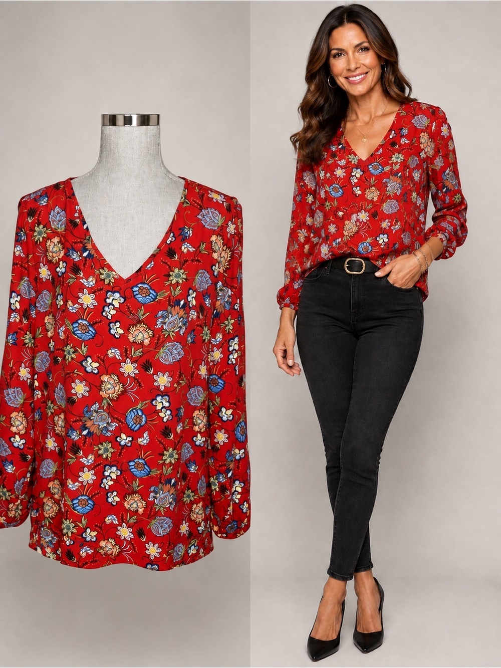 Chelsea & Theodore V Neck Red Blue Floral Blouse Tunic Top Size L Long Sleeve
